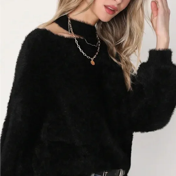 LULUS - Favorite Forecast Black Eyelash Knit Cutout Sweater - Picture 3 of 4